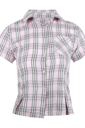 American Vintage College Style Women's Plaid Shoulder-Button Slim Fit Polo Shirt - Y2K Inspired Fashion Top