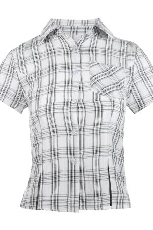 American Vintage College Style Women's Plaid Shoulder-Button Slim Fit Polo Shirt - Y2K Inspired Fashion Top