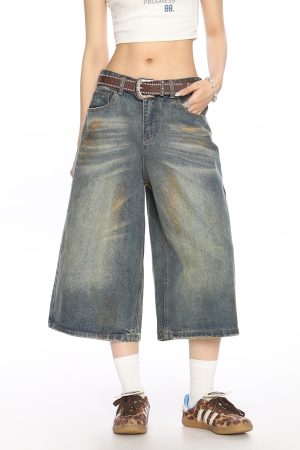 American Vintage Dirty Dyed Denim Shorts for Women - Summer Loose Straight Wide-Leg Cropped Style