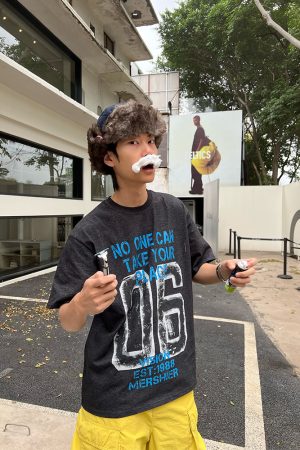 American Vintage Distressed Letter Print Short Sleeve Unisex Casual Summer T-Shirt - Versatile Sports Trend for 90s Style