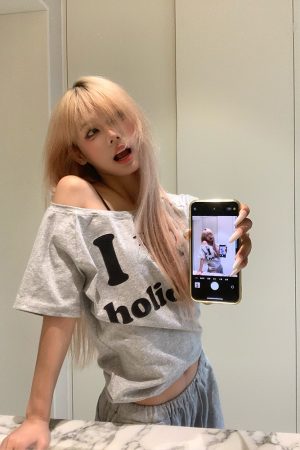 American Vintage Dog Heart Letter Print Asymmetrical Shoulder Short Sleeve T-Shirt - Versatile Summer Style