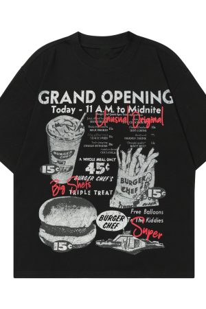 American Vintage Fun Hamburger Print Short Sleeve T-Shirt Unisex 90s Trendy Loose Fit Top