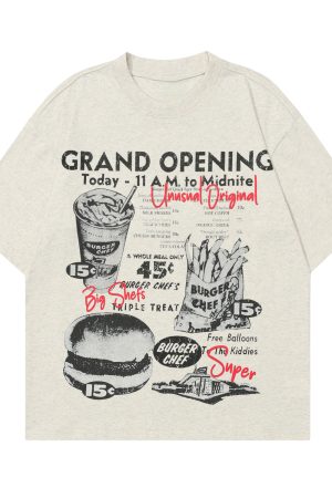 American Vintage Fun Hamburger Print Short Sleeve T-Shirt Unisex 90s Trendy Loose Fit Top