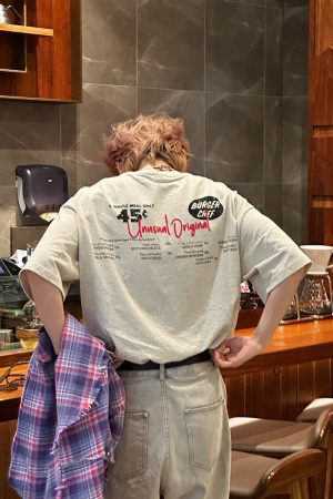 American Vintage Fun Hamburger Print Short Sleeve T-Shirt Unisex 90s Trendy Loose Fit Top