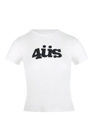 American Vintage Fun Letter Print Slimming Short T-Shirt for Women - Trendy 90s Style Shoulder-Fitting Top