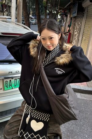 American Vintage Fur Collar Fleece Lined Hooded Sweatshirt for Couples - Retro 90s Style Jacket