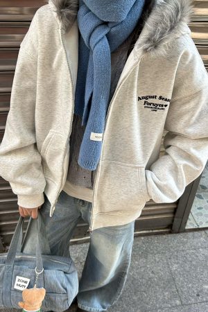 American Vintage Fur Collar Fleece Lined Hooded Sweatshirt for Couples - Retro 90s Style Jacket