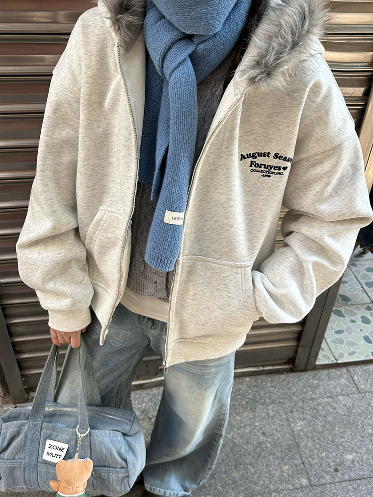 American Vintage Fur Collar Fleece Lined Hooded Sweatshirt for Couples - Retro 90s Style Jacket American Vintage Fur Collar Fleece Lined Hooded Sweatshirt for Couples - Retro 90s Style Jacket