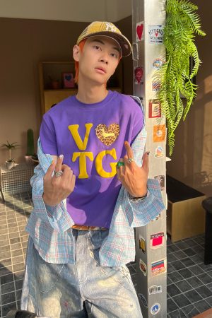 American Vintage Heart Letter Print Short Sleeve T-Shirt for Men and Women - Casual Loose Fit, 2025 Spring/Summer Style