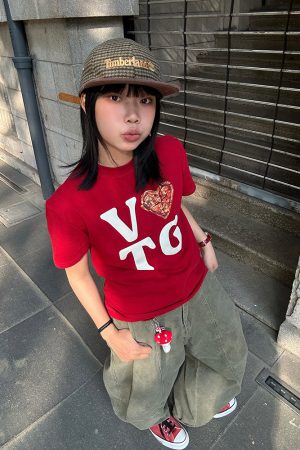 American Vintage Heart Letter Print Short Sleeve T-Shirt for Men and Women - Casual Loose Fit, 2025 Spring/Summer Style