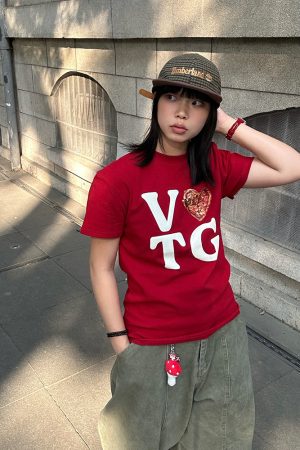 American Vintage Heart Letter Print Short Sleeve T-Shirt for Men and Women - Casual Loose Fit, 2025 Spring/Summer Style