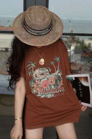American Vintage Island Vacation Round Neck Printed T-Shirt - Short Sleeve Slim Fit Top for 2024 Spring/Summer Style