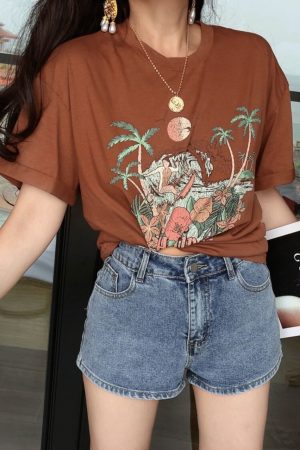 American Vintage Island Vacation Round Neck Printed T-Shirt - Short Sleeve Slim Fit Top for 2024 Spring/Summer Style