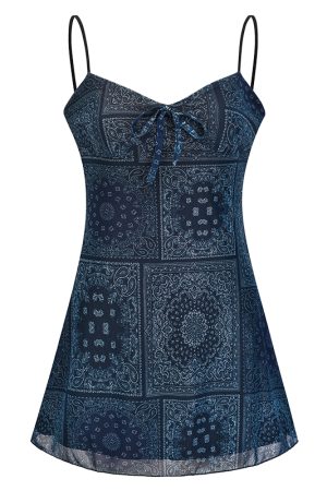 American Vintage Lace-Up Mesh Printed Camisole Dress - Women's Slim A-Line Short Skirt, Y2K Style