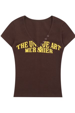 American Vintage Letter Print Short Sleeve T-Shirt for Women - Slim Fit Loose Top, Spring Summer 90s Casual Style