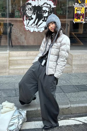 American Vintage Lightweight Duck Down Jacket with Stand Collar and Letter Embroidery - Retro Style Outerwear for 90s Fashion