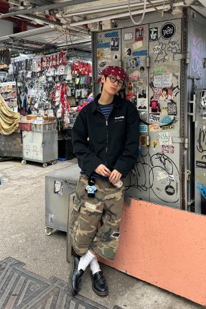 American Vintage Patchwork Distressed Camouflage Three-Quarter Pants for Men and Women - Loose Casual Straight Fit for Spring 2025