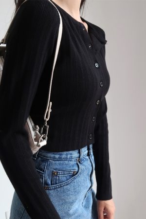 American Vintage Ribbed Knit Cardigan - Small Round Neck, Single-Breasted, Long Sleeve, Loose-Fitting, High-Waisted, Tie-Button Style