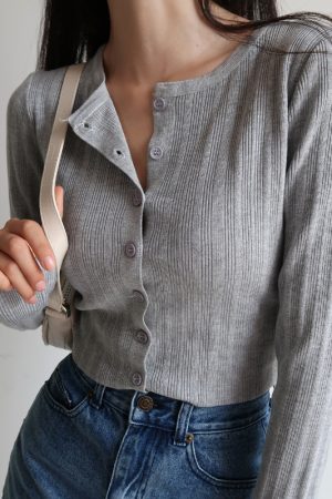 American Vintage Ribbed Knit Cardigan - Small Round Neck, Single-Breasted, Long Sleeve, Loose-Fitting, High-Waisted, Tie-Button Style