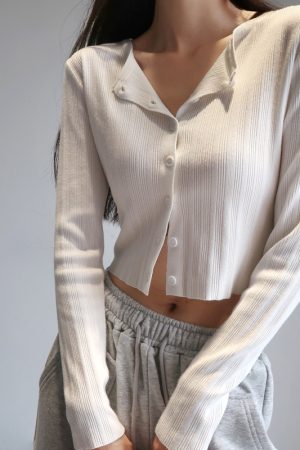 American Vintage Ribbed Knit Cardigan - Small Round Neck, Single-Breasted, Long Sleeve, Loose-Fitting, High-Waisted, Tie-Button Style