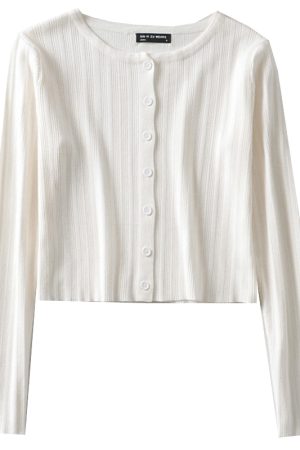 American Vintage Ribbed Knit Cardigan - Small Round Neck, Single-Breasted, Long Sleeve, Loose-Fitting, High-Waisted, Tie-Button Style