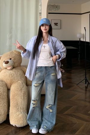 American Vintage Ripped Straight Leg Jeans for Women - Summer Mid-Waist Slim Wide-Leg Style - 90s Inspired Fashion