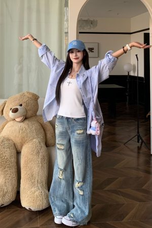 American Vintage Ripped Straight Leg Jeans for Women - Summer Mid-Waist Slim Wide-Leg Style - 90s Inspired Fashion