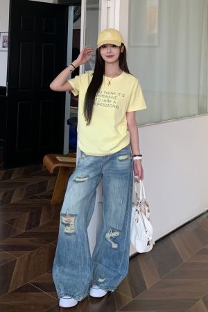 American Vintage Ripped Straight Leg Jeans for Women - Summer Mid-Waist Slim Wide-Leg Style - 90s Inspired Fashion