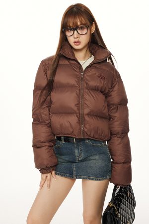 American Vintage Round Letter Stand Collar White Duck Down Winter Jacket - Trendy Small Size Outerwear for Y2K Style