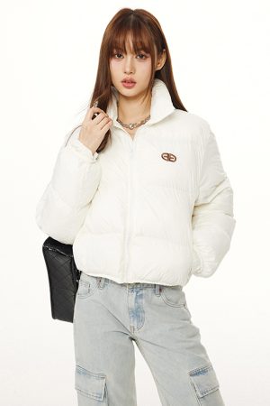 American Vintage Round Letter Stand Collar White Duck Down Winter Jacket - Trendy Small Size Outerwear for Y2K Style