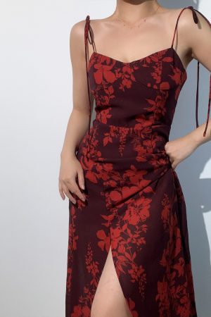 American Vintage Sexy Low-Cut Tie Floral Print Waist-Defined Side-Slit Spaghetti Strap Maxi Dress for Women - Y2K Style