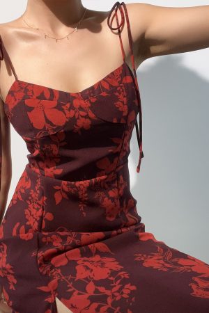 American Vintage Sexy Low-Cut Tie Floral Print Waist-Defined Side-Slit Spaghetti Strap Maxi Dress for Women - Y2K Style
