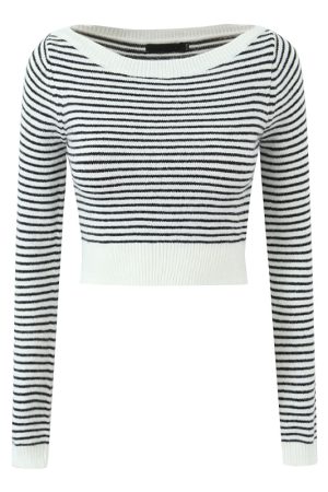 American Vintage Striped High-Waisted Cropped Long Sleeve Knit Sweater Top in Black and White - Y2K Retro Style Fashion