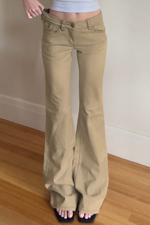 American Vintage Style Low Waist Flared Jeans for Women - Slim Fit Solid Color Versatile Long Pants