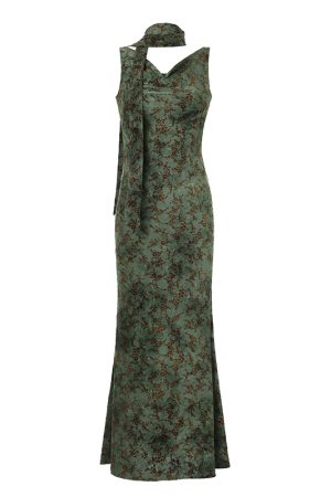 Ancient Charm Green Pine Fish Tail Long Dress for Women - Flowing Collar, Body-Hugging Chinese Style, Elegant Fashion