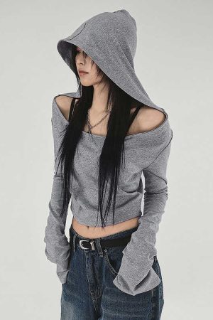 Ash Gray Off-Shoulder Hoodie T-Shirt for Women, Short Style Slim Fit, Versatile Cool Long Sleeve Top, Y2K Casual Fashion