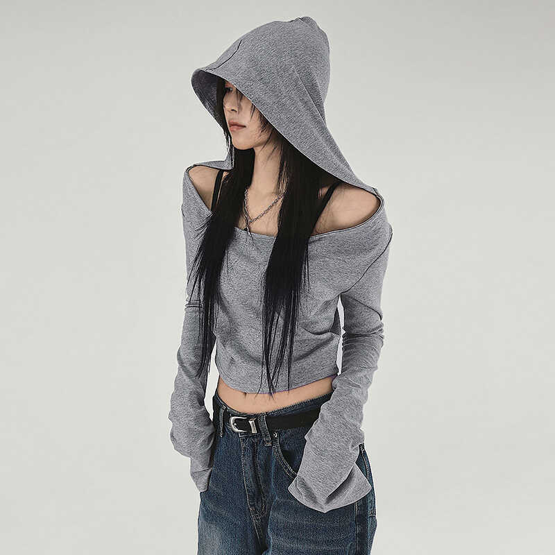 Ash Gray Off-Shoulder Hoodie T-Shirt for Women, Short Style Slim Fit, Versatile Cool Long Sleeve Top, Y2K Casual Fashion Ash Gray Off-Shoulder Hoodie T-Shirt for Women, Short Style Slim Fit, Versatile Cool Long Sleeve Top, Y2K Casual Fashion