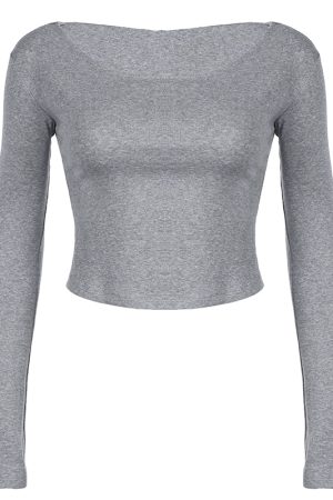 Ash Gray Off-Shoulder Hoodie T-Shirt for Women, Short Style Slim Fit, Versatile Cool Long Sleeve Top, Y2K Casual Fashion