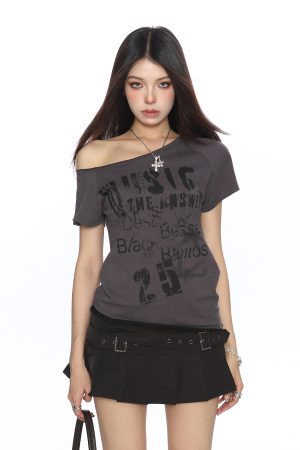 Asymmetrical Off-Shoulder Crop Top T-Shirt for Women - Y2K Punk Graffiti Short Sleeve Slim Fit Summer Style