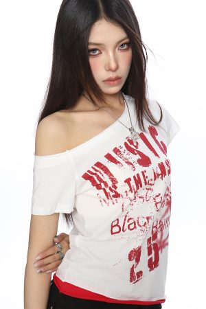 Asymmetrical Off-Shoulder Crop Top T-Shirt for Women - Y2K Punk Graffiti Short Sleeve Slim Fit Summer Style