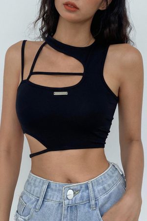 Asymmetrical Off-Shoulder Sexy Tank Top for Women - Fitted Waist-Exposing Dance Top, Y2K Style