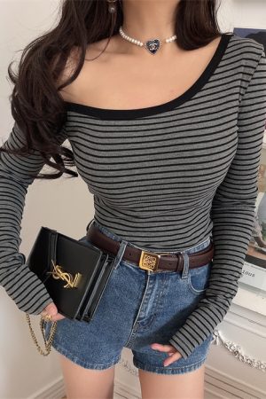 Asymmetrical Off-Shoulder Striped Slim-Fit Long Sleeve T-Shirt - Custom-Made Autumn/Winter 2024 Sexy Layering Top