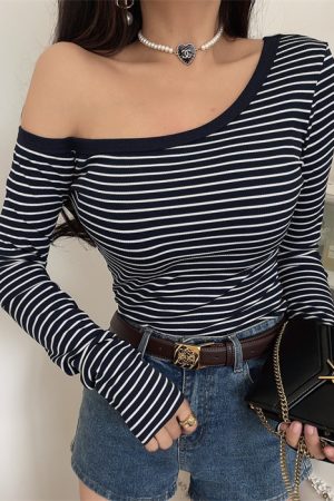 Asymmetrical Off-Shoulder Striped Slim-Fit Long Sleeve T-Shirt - Custom-Made Autumn/Winter 2024 Sexy Layering Top