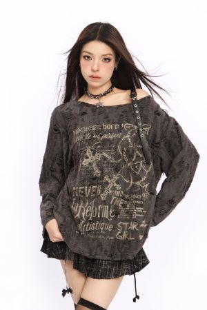 Asymmetrical Off-Shoulder T-Shirt for Women - Y2K Ripped Slim Fit Summer Top with Sun Protection, American Style Fashion