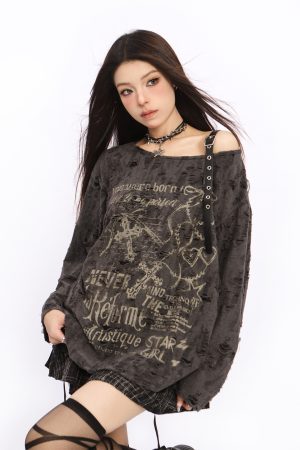 Asymmetrical Off-Shoulder T-Shirt for Women - Y2K Ripped Slim Fit Summer Top with Sun Protection, American Style Fashion