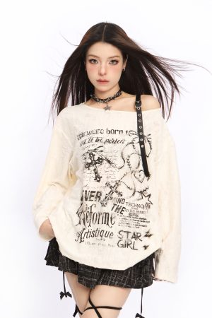 Asymmetrical Off-Shoulder T-Shirt for Women - Y2K Ripped Slim Fit Summer Top with Sun Protection, American Style Fashion