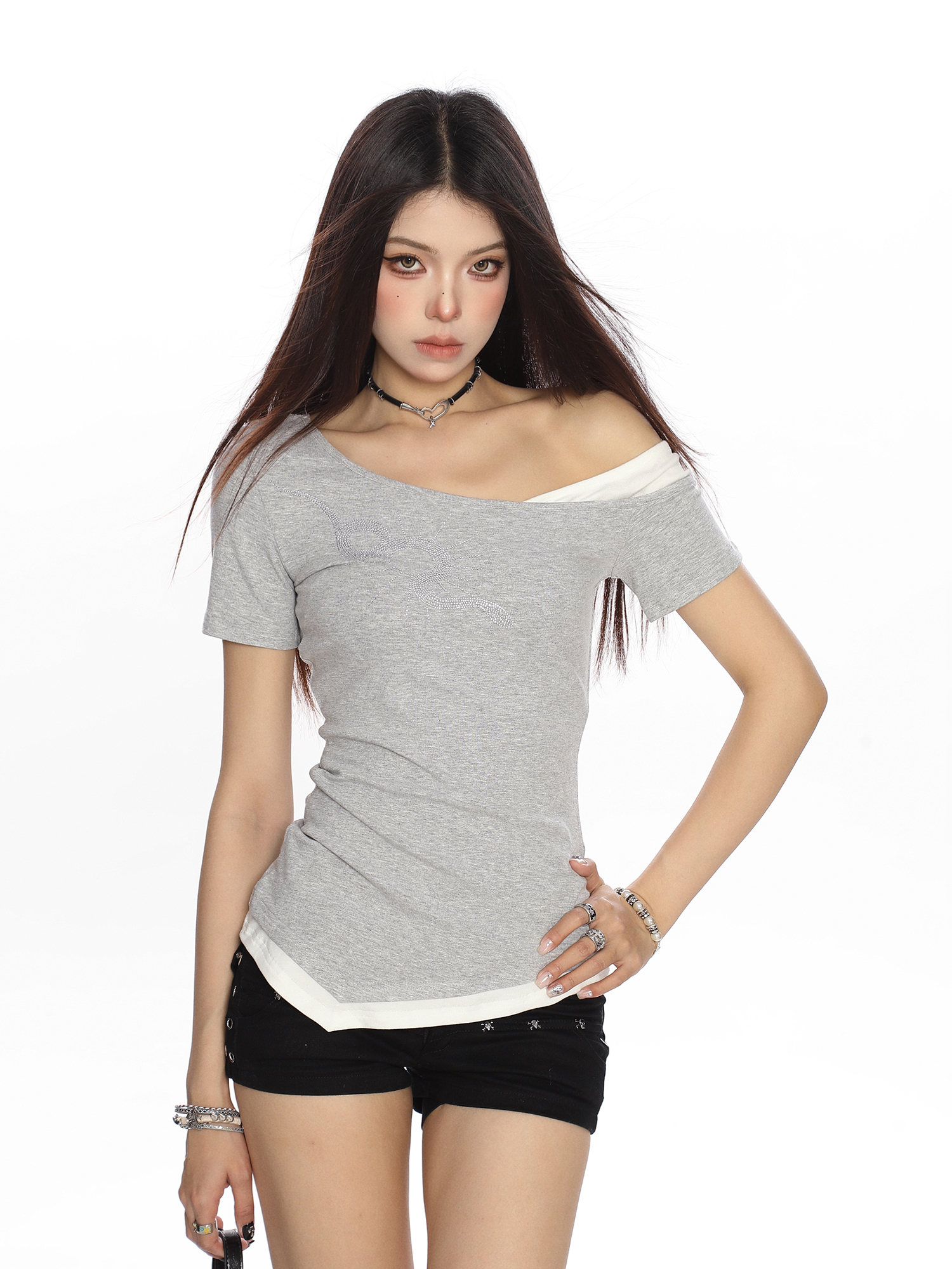 Asymmetrical Rhinestone Snake Print Short Sleeve T-Shirt for Women - Trendy Summer Slim Fit Two-Piece Waist-Defining Top Asymmetrical Rhinestone Snake Print Short Sleeve T-Shirt for Women - Trendy Summer Slim Fit Two-Piece Waist-Defining Top