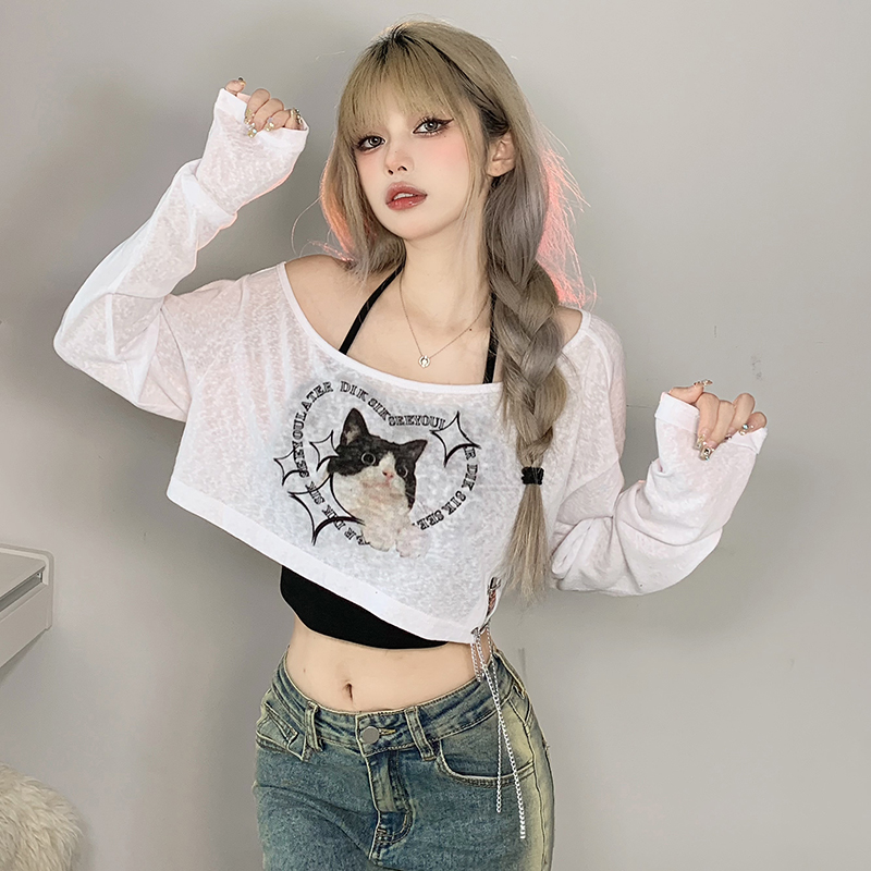 Asymmetrical Shoulder Cat Print T-Shirt and Black Halter Neck Tank Top Layered Two-Piece Set for Women - Trendy Y2K Style Asymmetrical Shoulder Cat Print T-Shirt and Black Halter Neck Tank Top Layered Two-Piece Set for Women - Trendy Y2K Style