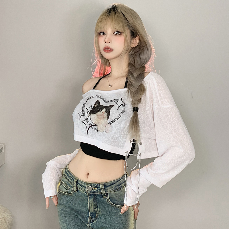 Asymmetrical Shoulder Cat Print T-Shirt and Black Halter Neck Tank Top Layered Two-Piece Set for Women - Trendy Y2K Style Asymmetrical Shoulder Cat Print T-Shirt and Black Halter Neck Tank Top Layered Two-Piece Set for Women - Trendy Y2K Style