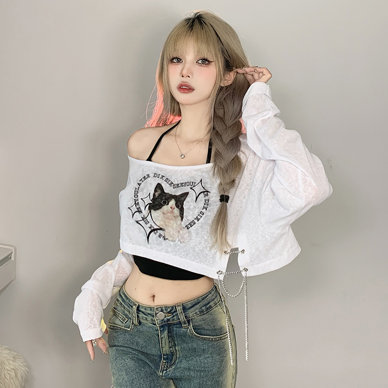 Asymmetrical Shoulder Cat Print T-Shirt and Black Halter Neck Tank Top Layered Two-Piece Set for Women - Trendy Y2K Style Asymmetrical Shoulder Cat Print T-Shirt and Black Halter Neck Tank Top Layered Two-Piece Set for Women - Trendy Y2K Style